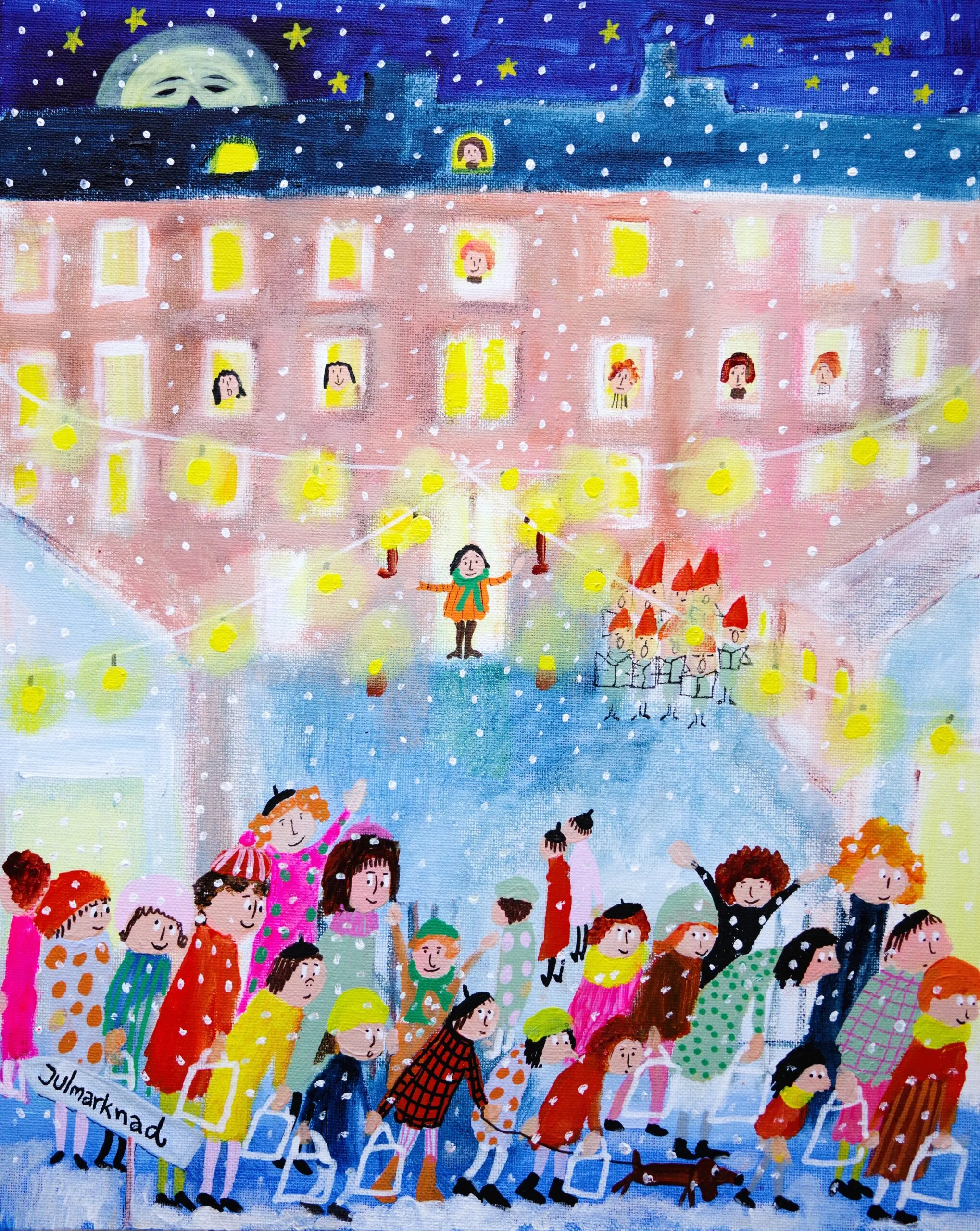 Illustration av julmarknad vid Handarbetets Vänner